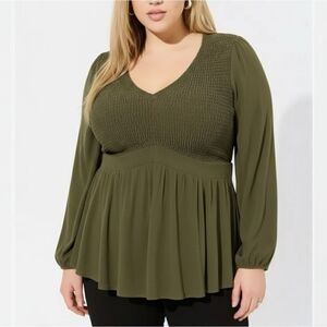 Torrid Babydoll Crinkle Gauze V-Neck Smocked Top Olive Green NWT 0 Large 12